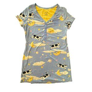 Nick & Nora Cow Print Moon Stars Nightgown Large Blue Sleepwear Nightshirt RARE